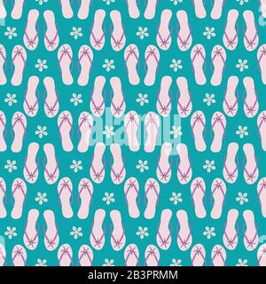 Flip-Flop-Schuh auf dem Hintergrund mit nahtlosem Vektormuster. Elegante Sandalen mit maritimer Dekoration, Kulisse am Meer. Pastellpink und Teeltöne. Sommer Stock Vektor