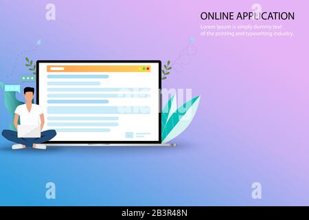 Online-Bewerbungskonzept sucht ein junger Mann im Internet, indem er mit Laptop einen Kurs sucht, der sich in der Hochschule oder im Berufsbewerber bewerben soll. Stock Vektor