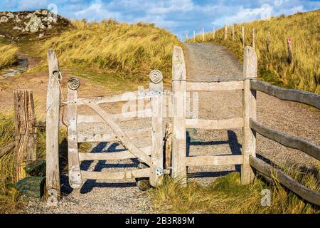 Ein geschnitztes Holztor und eine Stiele auf der Insel Llanddwyn, Anglesey Stockfoto