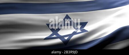 Symbol für das israelische Zeichen. Israelische Nationalflaggen winken Texturhintergrund, Banner. 3D-Abbildung Stockfoto