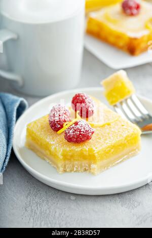 Zitronenbar Dessert mit Puderzuckerpulver, Zitronenschale und Himbeere Stockfoto