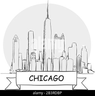 Chicago Hand-Drawn Urban Vector Sign. Schwarze Strichzeichnung mit Farbband und Titel. Stock Vektor