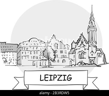 Stadtvektor-Schild Mit Handdrawn In Leipzig. Schwarze Strichzeichnung mit Farbband und Titel. Stock Vektor