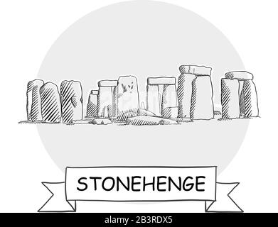 Stonehenge Hand-Drawn Stadtvektor-Schild. Schwarze Strichzeichnung mit Farbband und Titel. Stock Vektor