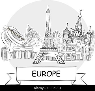 Europa Hand-Drawn Stadtvektor-Zeichen. Schwarze Strichzeichnung mit Farbband und Titel. Stock Vektor