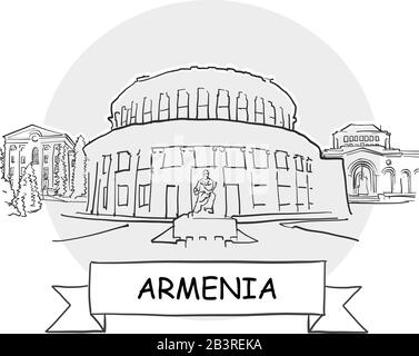 Armenia Hand-Drawn Urban Vector Sign. Schwarze Strichzeichnung mit Farbband und Titel. Stock Vektor