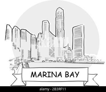 Marina Bay - Stadtvektor-Schild Mit Handdrawn. Schwarze Strichzeichnung mit Farbband und Titel. Stock Vektor