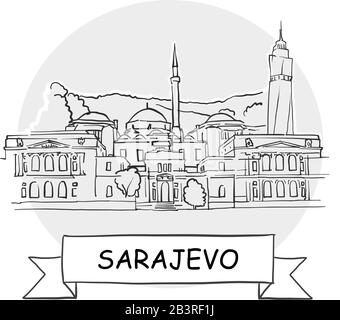 Sarajevo Hand-Drawn Stadtvektor-Zeichen. Schwarze Strichzeichnung mit Farbband und Titel. Stock Vektor