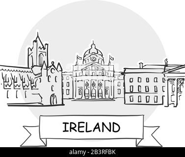 Irland Hand-Drawn Urban Vector Sign. Schwarze Strichzeichnung mit Farbband und Titel. Stock Vektor