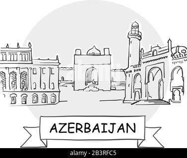 Aseribaijan Hand-Drawn Urban Vector Sign. Schwarze Strichzeichnung mit Farbband und Titel. Stock Vektor