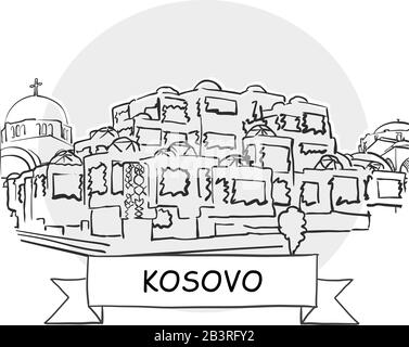 Kosovo - Urbanisches Vektor-Zeichen. Schwarze Strichzeichnung mit Farbband und Titel. Stock Vektor