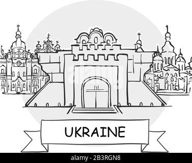 Ukraine Hand-Drawn Stadtvektor-Zeichen. Schwarze Strichzeichnung mit Farbband und Titel. Stock Vektor