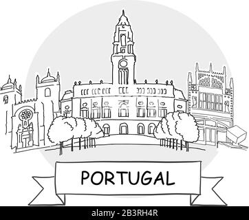 Portugal Hand-Drawn Stadtvektor-Zeichen. Schwarze Strichzeichnung mit Farbband und Titel. Stock Vektor