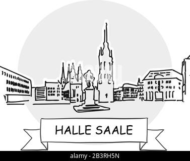 Halle S. Hand-Drawn Urban Vector Sign. Schwarze Strichzeichnung mit Farbband und Titel. Stock Vektor