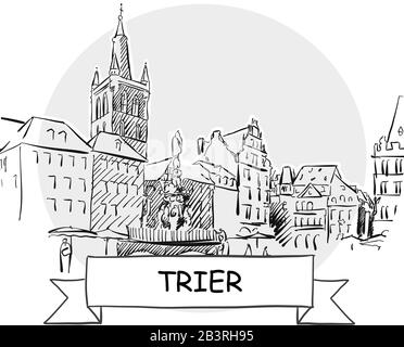 Trierer Stadtvektor-Schild. Schwarze Strichzeichnung mit Farbband und Titel. Stock Vektor