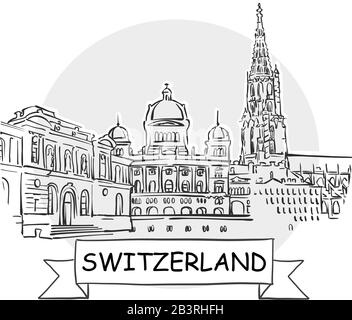 Stadtvektorzeichen Für Handdrawn In Der Schweiz. Schwarze Strichzeichnung mit Farbband und Titel. Stock Vektor