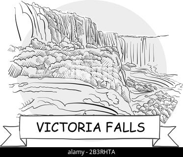 Victoria Falls Hand-Drawn Stadtvektor-Schild. Schwarze Strichzeichnung mit Farbband und Titel. Stock Vektor