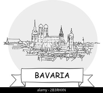 Bayern Hand-Drawn Stadtvektor-Schild. Schwarze Strichzeichnung mit Farbband und Titel. Stock Vektor