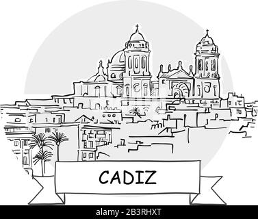 Cadiz Hand-Drawn Stadtvektor-Schild. Schwarze Strichzeichnung mit Farbband und Titel. Stock Vektor