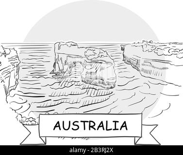 Australien - Stadtvektor-Schild Mit Handdrawn. Schwarze Strichzeichnung mit Farbband und Titel. Stock Vektor