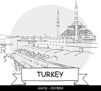 Truthahn-Handdrawn-Stadtvektorzeichen. Schwarze Strichzeichnung mit Farbband und Titel. Stock Vektor