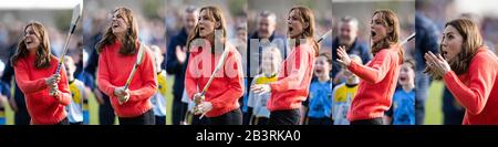 Redaktionelle Anmerkung: Zusammengesetztes Bild. Die Duchess of Cambridge versucht ihre Hand bei Hurling im Rahmen ihres Besuches im Salthill Knocknacarra GAA Club in Galway am dritten Tag ihres Besuches in der Republik Irland. Stockfoto