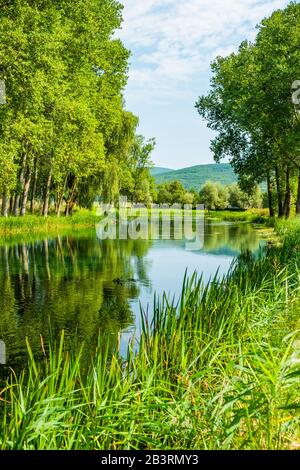 Schönen Fluss Gacka fließt zwischen grünen Feldern, Sommer, Lika, Kroatien Stockfoto