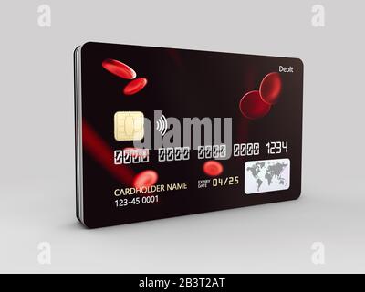 3D-Rendering der Kreditkarte mit abstraktem Blutbild auf grauem Hintergrund. Stockfoto