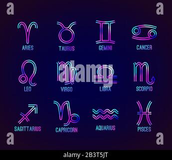 Vektor Zeichensatz des Tierkreises. Die Neon leuchtenden Symbole vor einem dunklen Hintergrund. Astrologische Symbole. Designelemente. Stock Vektor