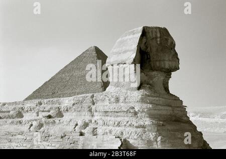 Reise-Fotografie in Schwarz und Weiß - die Sphinx und die große Pyramide Cheops Khufu an den Pyramiden von Gizeh Kairo in Ägypten in Nordafrika, Naher Osten Stockfoto