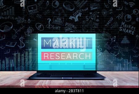 Marktforschungskonzepte mit Text auf Laptop.Digital Marketing.Statistics Analyse Stockfoto