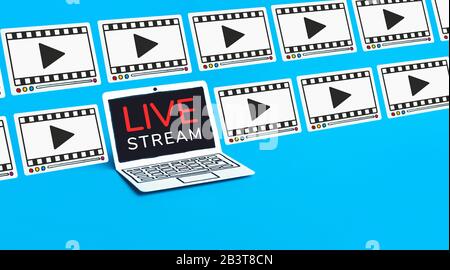 Live-Streaming- oder Online-Entertainment-Konzepte mit Mockup Video Fram und Laptop. Film, Broadcast-Gerät Stockfoto