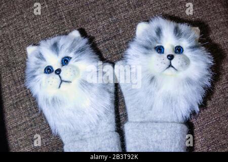 Fäustlinge mit niedlichen Katzen-Gesichtern. Handgefertigt. Aus Naturwolle und Kunstfell. Stockfoto
