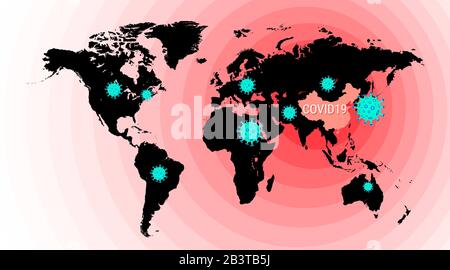 Mers-Cov (Coronavirus des mittleren Ostens der Atemwege), Neuartiges Coronavirus COVID-19. Karte von China auf Weltkarte. Verbreitung des Virus auf dem Planeten. Vec Stock Vektor
