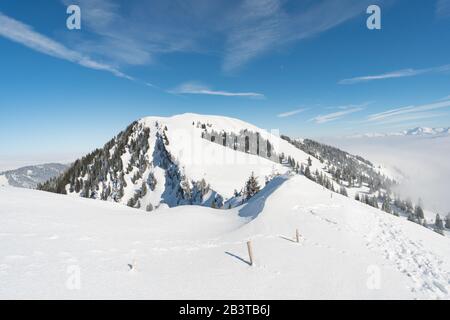 Fantastische Schneeschuhtour auf dem Hochgrat bei der Nagelfluhkette im Allgau, Bayern Stockfoto