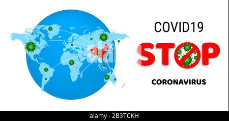 Mers-Cov (Coronavirus des mittleren Ostens der Atemwege), Neuartiges Coronavirus COVID-19 (2019-nCoV). Blaue Weltkarte mit rotem China. Verbreitung des Virus auf Stock Vektor