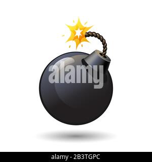 Schwarze runde Bombe mit brennendem Sicherungssymbol isoliert auf weißem Hintergrund, Arme, Waffe, Vektorgrafiken. Stock Vektor
