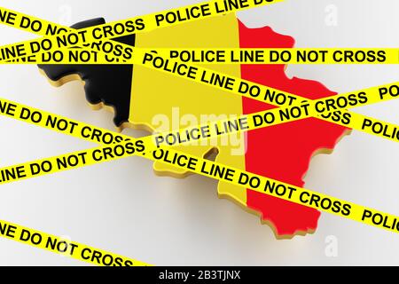 Belgien: Kriminalitätskonzept, polizeiliche Ermittlungen. 3D-Karte von Belgien. Karte von Belgien Landgrenze mit Flagge. 3D-Rendering Stockfoto