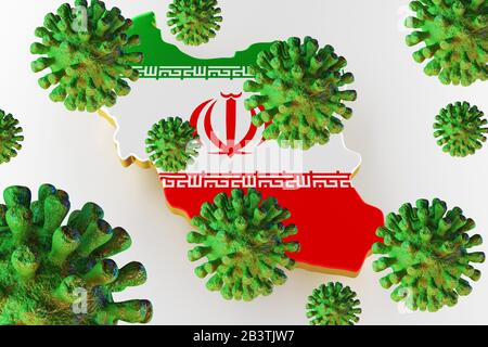 Virus 2019-ncov, Flur oder Coronavirus mit Iran-Karte. Coronavirus aus china. 3D-Rendering Stockfoto