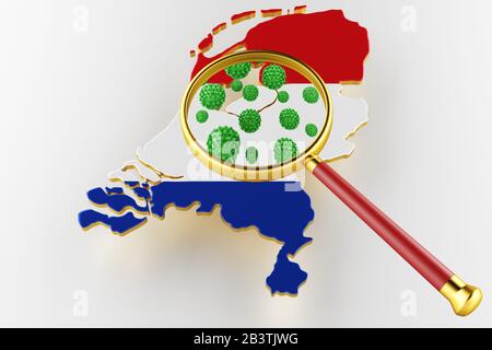 Virus 2019-ncov, Flur oder Coronavirus mit der niederländischen Karte. Coronavirus aus china. 3D-Rendering Stockfoto