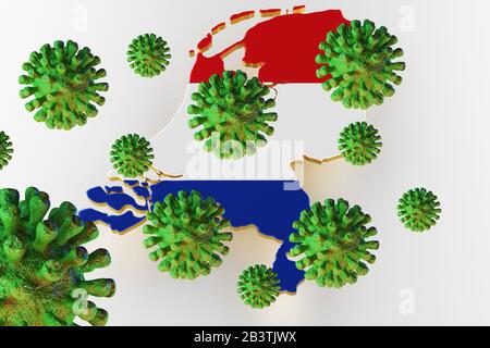 Virus 2019-ncov, Flur oder Coronavirus mit der niederländischen Karte. Coronavirus aus china. 3D-Rendering Stockfoto