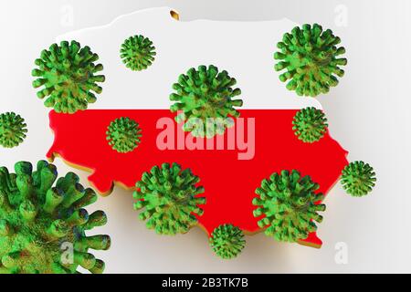 Virus 2019-ncov, Flur oder Coronavirus mit Polen Karte. Coronavirus aus china. 3D-Rendering Stockfoto