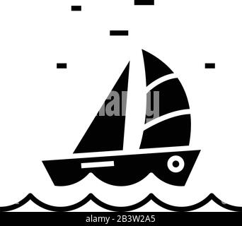 Schwarzes Symbol für Segelboot, Konzeptzeichnung, Vektor-Flachsymbol, Glyph-Zeichen. Stock Vektor