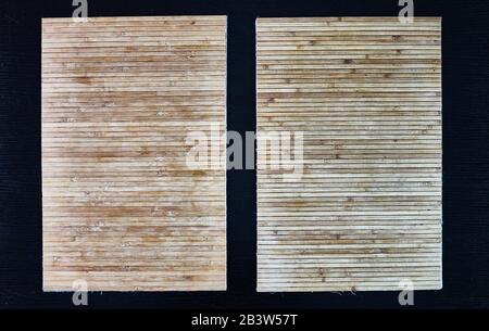 Holz Bambusmatte auf Tisch, Ansicht von oben Stockfoto