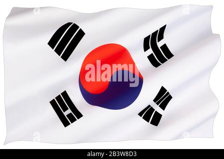 Nationalflaggen und Fähnrich von Südkorea - auch Taegukgi genannt. Stockfoto