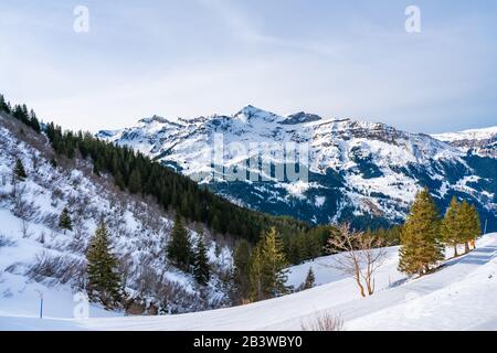 Blick auf die schneebedeckten Schweizer Alpen über dem Skigebiet Wengen, Schweiz Stockfoto