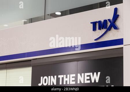 Logo der TMX Group Limited an einer Wand außerhalb der Toronto Stock Exchange Etage. Stockfoto