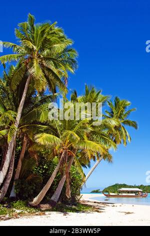 Cook-Inseln, Aitutaki. Polynesischen Kanutour auf One Foot Island. Stockfoto