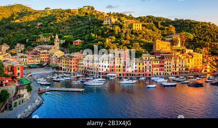 Panoramablick auf einen Sonnenaufgang über Portofino, Italien, ein malerisches Fischerdorf mit bunten Häusern und einem kleinen Hafen an der italienischen Riviera bei Genua Stockfoto