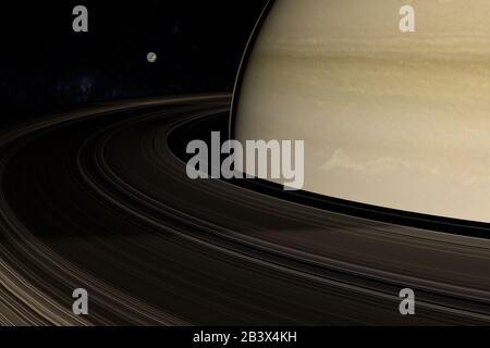 Dione, Saturnmond, umkreist den Saturnplaneten. 3D-Rendering Stockfoto